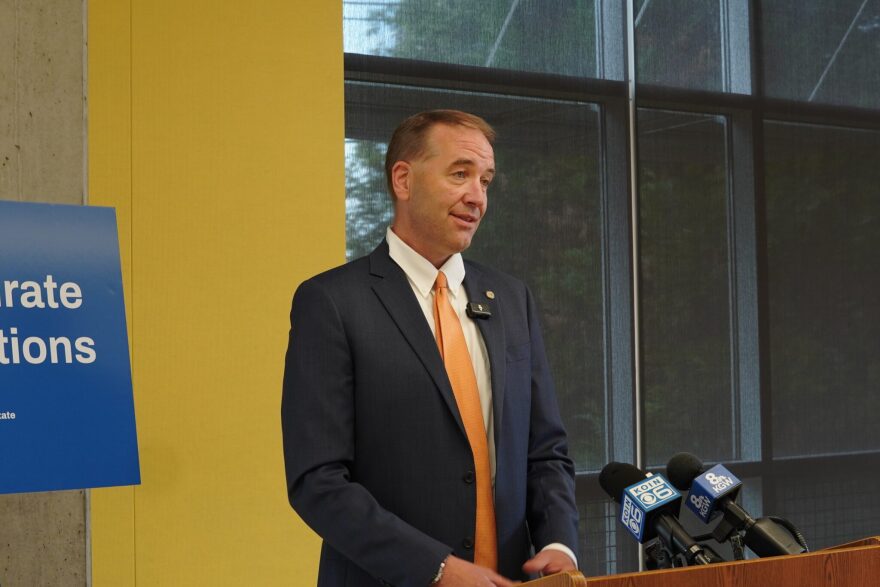 Oregon Secretary of State Tobias Read speaks at a press conference at Portland Community College on Monday, July 20, 2026.