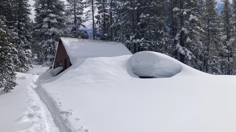 A building at UC Berkeley's Central Sierra Snow Lab, buried in snow on March 30th, 2023.