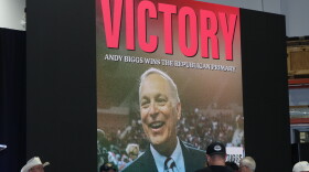 Andy Biggs on the screen at his primary election night party in Scottsdale on July 21, 2026.