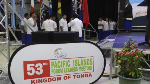 Preparation are made before the start of the annual Pacific Islands Forum leaders meeting in Nuku'alofa, Tonga, Monday, Aug. 26, 2024. (AP Photo/Charlotte Graham-McLay)