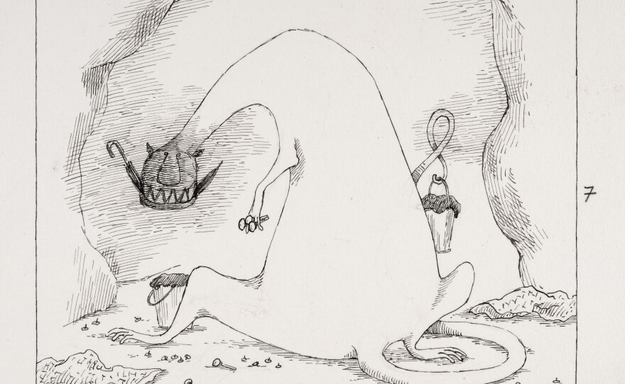 Edward Gorey, “It eats umbrellas, gunny sacks, / Brass doorknobs, mud, and carpet tacks.” Illustration for The Wuggly Ump. New York: J. B. Lippincott Company, 1963. Pen and ink on paper. copywrite The Edward Gorey Charitable Trust.