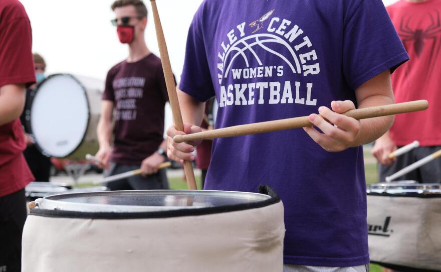 A student plays a snare drum during band camp at Valley Center High School. (Photo by Brian Grimmett, Kansas News Service)