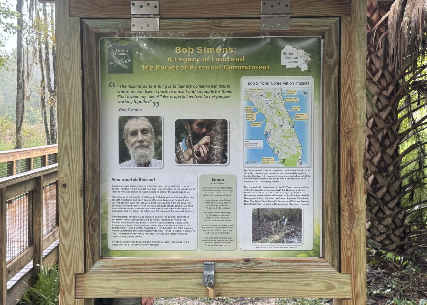 The kiosk at the observational platform that details Bob Simons’ conservation efforts in Florida as seen on Saturday, Oct. 3, 2026. (Arjun Mendiratta/WUFT News)