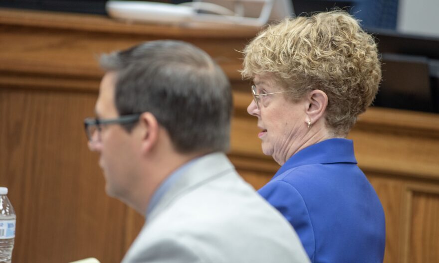 Loretta Haggard, an attorney representing the Missouri National Education Association, questions the State Treasurer's director of programs in a trial challenging the constitutionality of Missouri's funding of school vouchers Tuesday morning, Nov. 25, 2025, in the Cole County Courthouse .