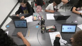 Students at Hanks Middle School use Google's artificial intelligence software, Gemini, to make a video based on their notes, Friday, April 10, 2026.