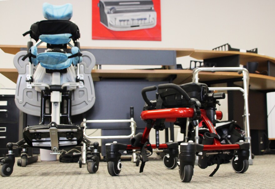 Some standing frames sit in the lobby area at the Assistive Technology for Kansas facility in Parsons. The location includes a variety of medical equipment able to borrowed as needed.