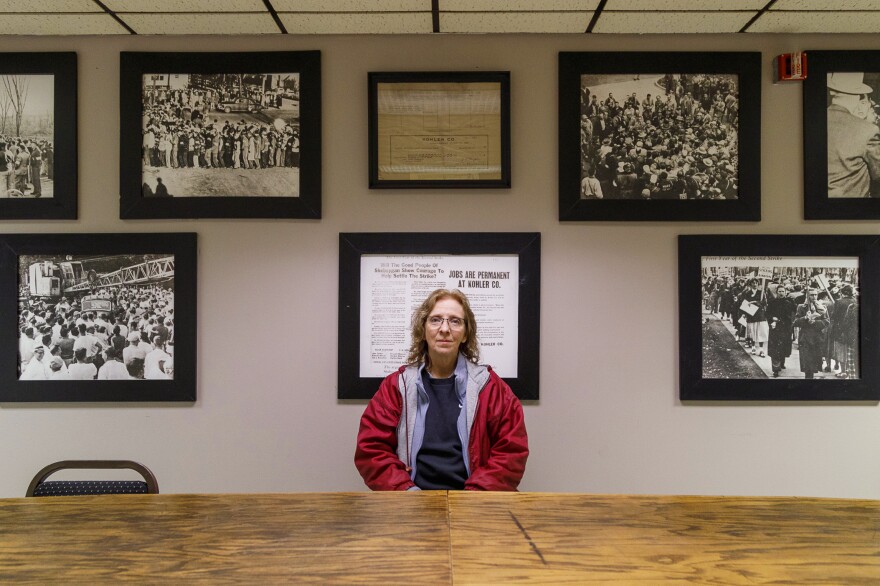 Cindy Hering, mother of Courtney Hering, sits inside the UAW Local 833 union hall in Sheboygan, Wis. She has worked in the Kohler plant for nearly 40 years.