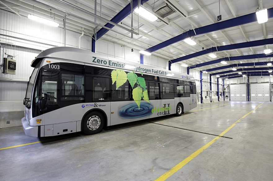 A fuel cell bus at CT Transit’s facility in Hartford.