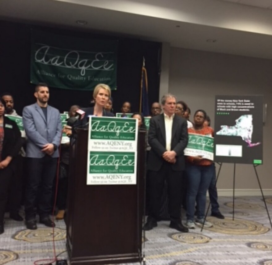 Cynthia Nixon makes a campaign stop in Albany on March 26.