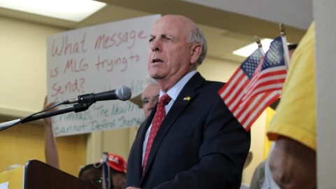 Republican Party of New Mexico Chairman Steve Pearce speaks during a news conference at party headquarters in Albuquerque, N.M., Sept. 12, 2023.