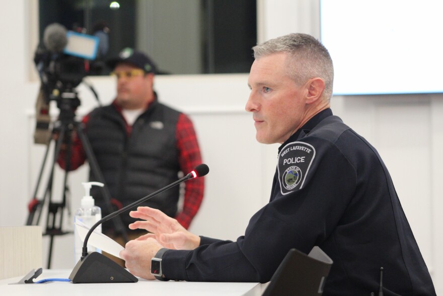 West Lafayette Chief of Police Troy Harris speaks against the council's facial recognition ban (WBAA News/Ben Thorp)
