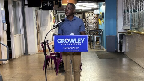 David Crowley spoke at the Sherman Phoenix the morning after the Wisconsin primary.
