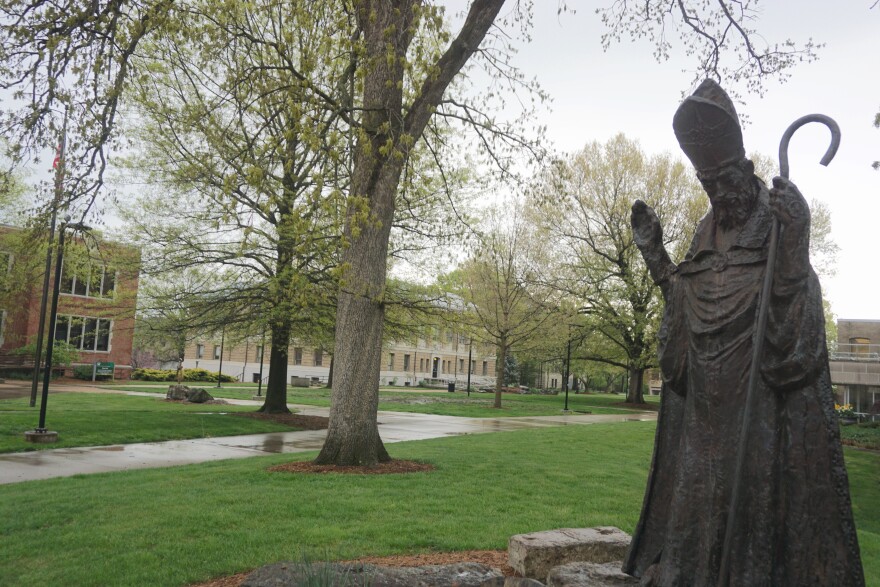 The statue of St. Patrick looks out over an empty Missouri S&T campus. The school plans to bring people back in phases culminating in in-person classes in the fall semester.