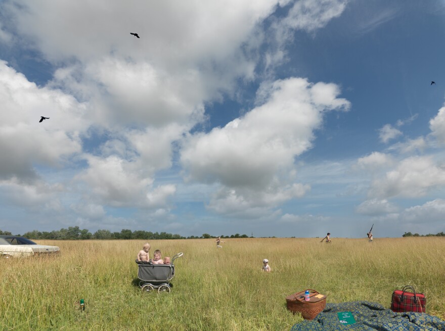 Julie Blackmon (American, born 1966), Picnic, 2013, archival pigment print, 59 x 77 ⅘ inches. Collection of Bill Haw, Kansas City, Missouri. Art and photo © Julie Blackmon.