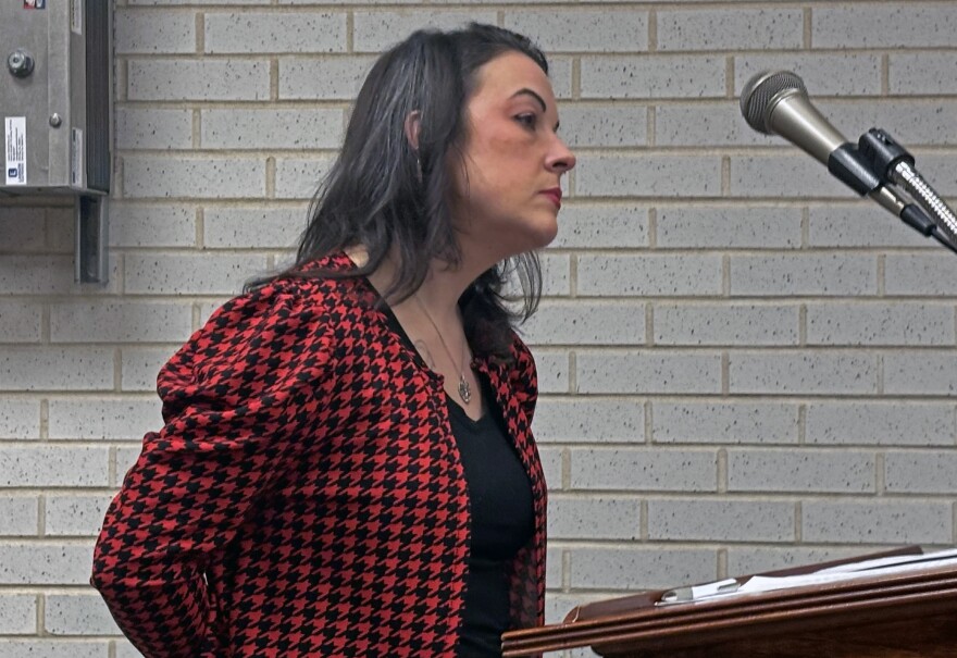 Ava Petersen speaks at the Nov. 13 Plains Twp. Commissioners meeting. Petersen has volunteered at the neglected Good Shepherd Memorial Park and is writing a book about it and other neglected cemeteries.