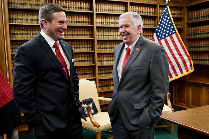 Missouri Gov. Mike Parson (right) and Andrew Bailey, who was sworn in as Missouri Attorney General on January 3, 2023, in a ceremony at the Missouri Supreme Court Building.