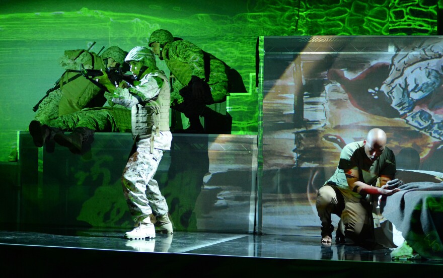 Actors onstage during a performance of <em>Fallujah</em>. The Long Beach Opera production is based on the combat experiences of a U.S. Marine in Iraq, and was co-written with an Iraqi-American.