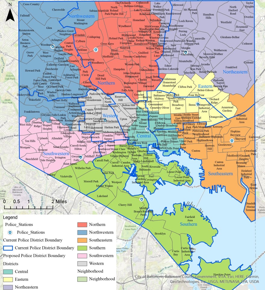 The new boundaries of the Baltimore City police districts.