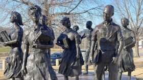 A monument depicts the Little Rock Nine outside the Arkansas Capitol on Jan. 12, 2026.