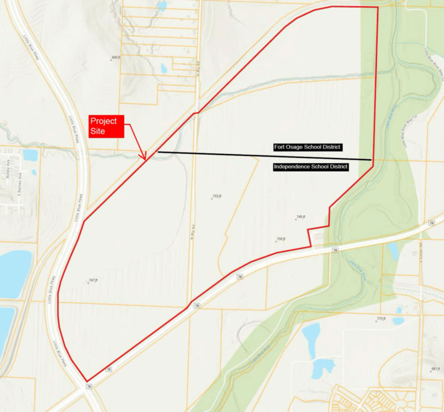A site map shows the proposed Nebius campus footprint straddling the boundary between the Fort Osage and Independence school districts — a division that affects how PILOT payments will be distributed to local schools.