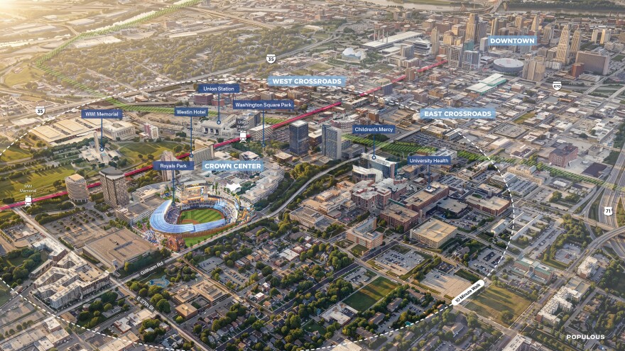 The rendering above shows the new location of the Kansas City Royals ballpark. The circle denotes locations within a 10-minute walk from the ball stadium.