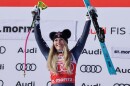 United States' Lindsey Vonn celebrates winning an alpine ski, women's World Cup downhill, in St. Moritz, Switzerland, Friday Dec. 12, 2025.