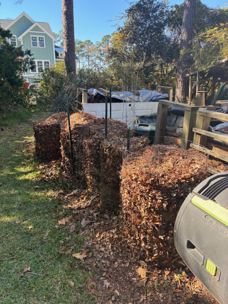 Composting leaves in wire cylinders keeps them tidy, but still allows pollinators access to nesting materials.