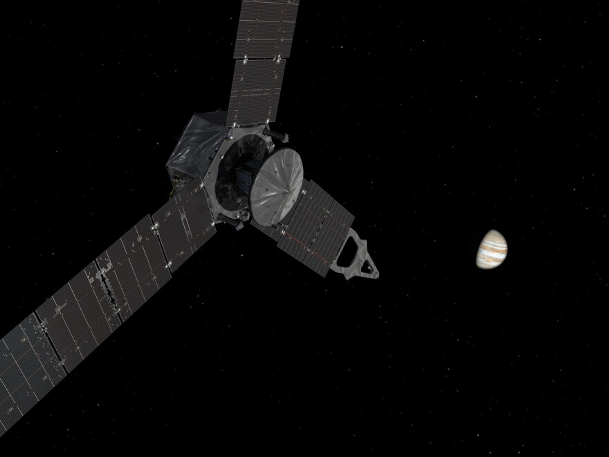 This illustration show's NASA's Juno mission approaching Jupiter. Juno used distant stars to chart its course across the void.