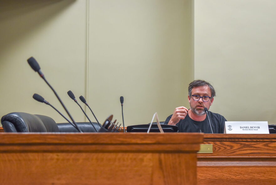 Reclaim Rhode Island Co-Chair Daniel Denvir advocates for a proposal to codify just cause evictions during the final meeting of the legislative commission on landlord-tenant law on Monday, May 19, 2025.