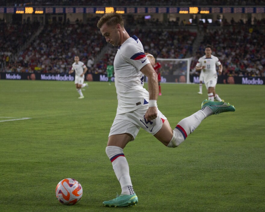Midfielder Djordje Mihailovic lines up a shot at the goal during the USMNT’s Gold Cup match against St. Kitts and Nevis on Wednesday, June 28, 2023 at CityPark in St. Louis. Mihailovic ended the night with two goals, scoring the USMNT’s first and last points of the night. 