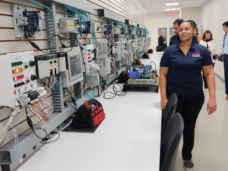 Navy veteran Alaura Williams discusses what she's learned in this automation controls lab at Rockwell Automation's offices in Milwaukee. She tells WUWM that she's headed to a job with another corporation in the state of Georgia.