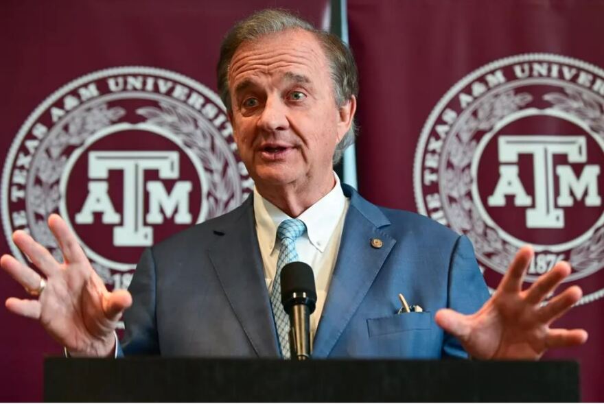  John Sharp, chancellor of the Texas A&M University System, speaks during a press conference at the PalmWood Event and Conference center in downtown Fort Worth on May 19, 2022. 