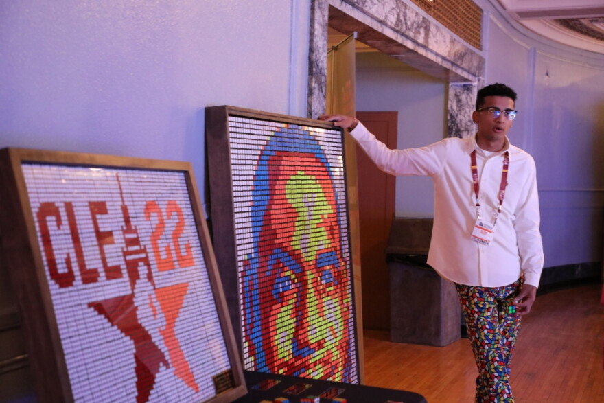 Dylan Sadiq hauled his Rubic's Cube art from New Jersey to Ohio for the weekend.