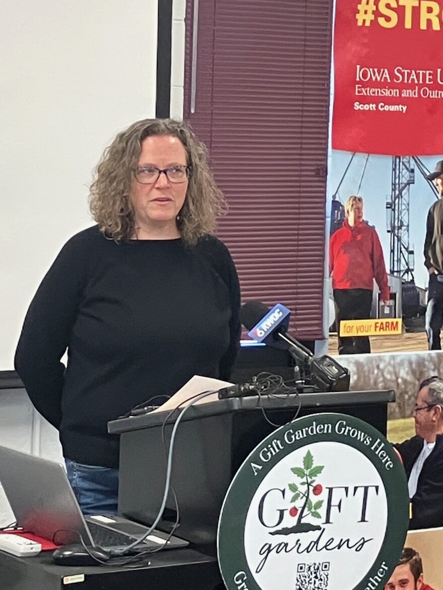 Tapestry Farms executive director Ann McGlynn speaks at the April 6 press conference.