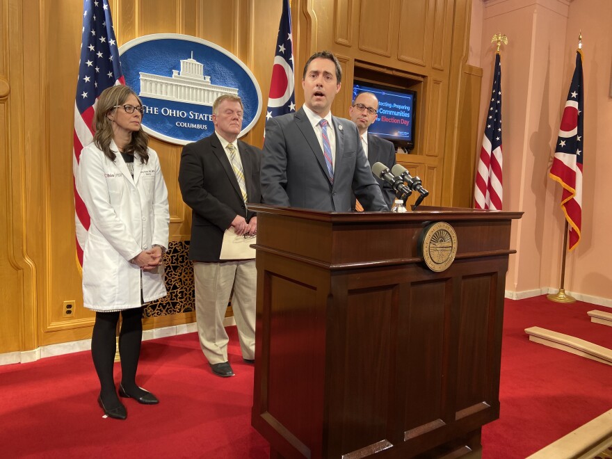 Secretary of State Frank LaRose at a morning press conference, along with Ohio Department of Health Director Dr. Amy Acton, Franklin County Board of Elections Director Ed Leonard and  Franklin County Public Health Commissioner Joe Mazzola.  [Karen Kasler]