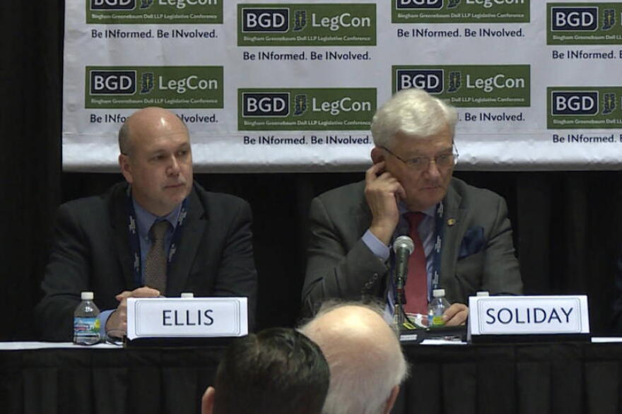 Greg Ellis of the Indiana Chamber of Commerce and Rep. Ed Soliday (R-Valparaiso) at a pre-session panel in 2019.