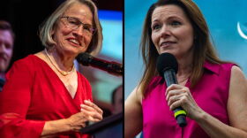 Left, Rep. Mariannette Miller-Meeks speaks at a podium on Election Night 2024. Right, Democratic challenger Christina Bohannan speaks the 'Des Moines Register' Political Soapbox.