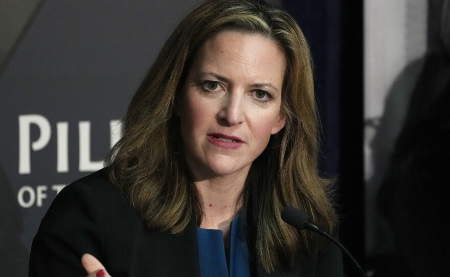 FILE - Michigan Secretary of State Jocelyn Benson participates in an election forum, in Ann Arbor, Mich., Sept. 19, 2024. (AP Photo/Carlos Osorio, File)