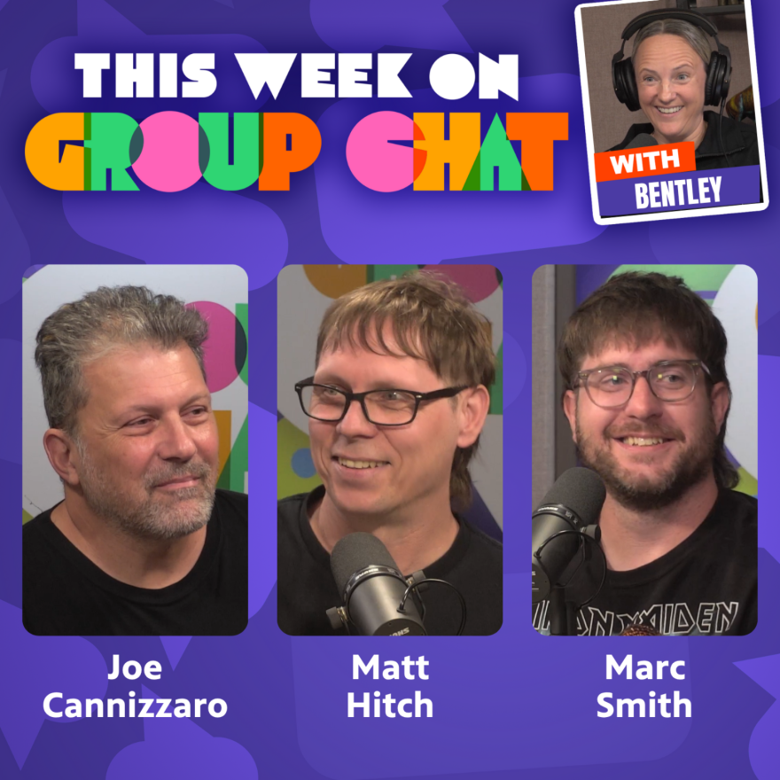 At the top: THIS WEEK ON GROUP CHAT with a photo of Bentley. At the bottom: photos of guests on the episode and their names underneath in white text