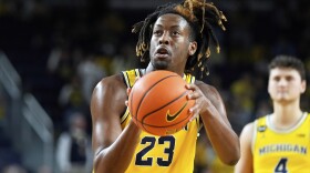 Michigan forward Gregg Glenn III shoots a free throw during the second half of an NCAA college exhibition basketball game against Ferris State, Friday, Nov. 4, 2022, in Ann Arbor, Mich. (AP Photo/Carlos Osorio)