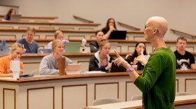 Professor Nichole Jackson lectures about heart disease in front of nursing students at Oklahoma State University.