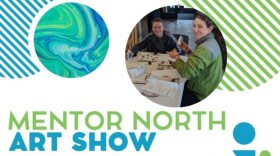 White, blue and green poster for "Mentor North Art Show", circular inset image of two people sitting at a table working on an art project together