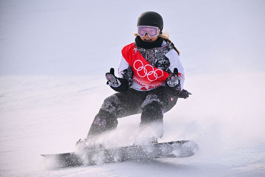 USA's Chloe Kim reacts after her run in the snowboard women's halfpipe final run during the Beijing 2022 Winter Olympic Games at the Genting Snow Park H & S Stadium in Zhangjiakou on February 10, 2022.