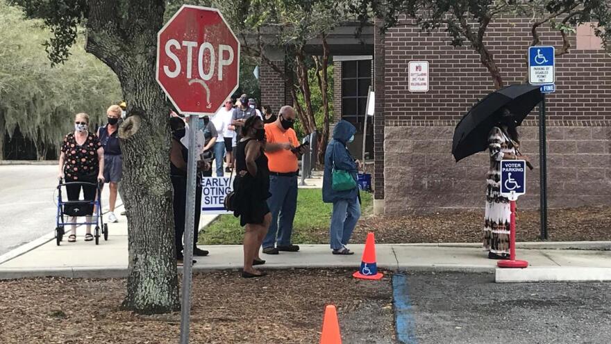 Early voters wait in line on Oct. 19, 2020 at the Regency Branch of the Jacksonville Public Library.