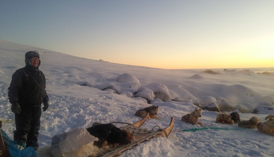 Isak Pike, 60, has lived in Ittoqqortoormiit his entire life. He hunts the traditional Inuit way, by dogsled. Here, he and his dogs rest at a hot spring at Kap Tobin, a starting point for hunters tracking seals, polar bears and other animals.