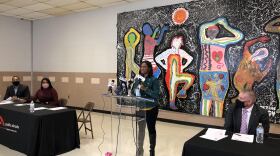 Peoria Public Schools Superintendent Sharon Desmoulin-Kherat, center, speaks about the District's R3 grant award during a news conference Tuesday at Trewyn K-8 School in Peoria. 