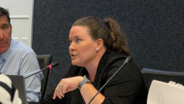 A woman sitting at a table speaking into a microphone