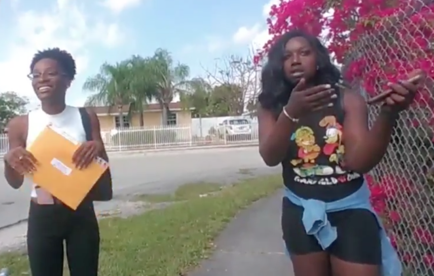Dyma Loving, right, with her friend before a Miami-Dade polic officer tackled her to the ground after calling for help. 