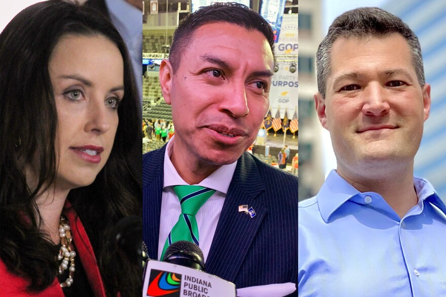 Three separate images of each candidate for Indiana Secretary of State. At left is Democrat Destiny Wells, a White woman with long, dark hair. In the center is Republican Diego Morales, a Hispanic man with short, dark hair. And at right is Libertarian Jeff Maurer, a White man with short, dark gray hair.