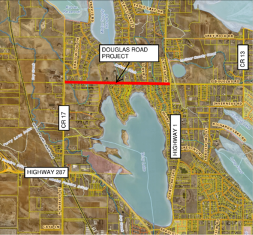 A map of a section of Larimer County showing roadways and bodies of water. CR 54 is highlighted.
